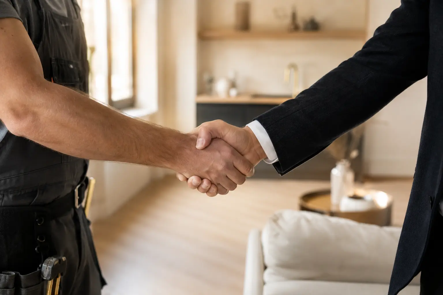 Client satisfait remerciant un artisan à la fin d'un chantier à Metz