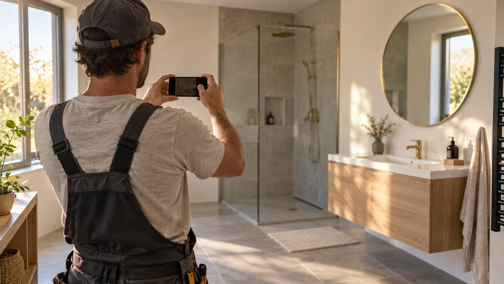 Artisan photographiant un chantier terminé avec son téléphone, en Moselle